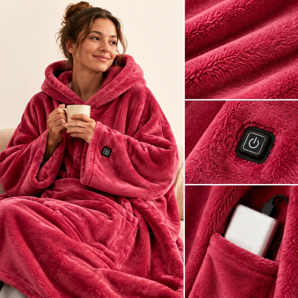 Pink Warmora plush fabric, heat control and portable power bank details