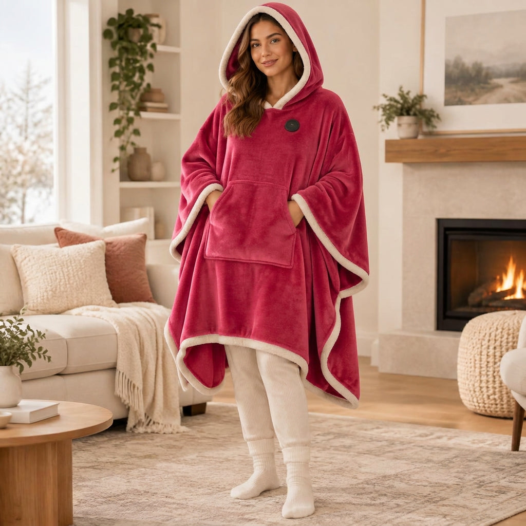 Woman wearing the pink Warmora portable heated blanket
