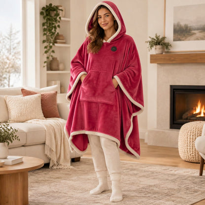 Woman wearing the pink Warmora portable heated blanket